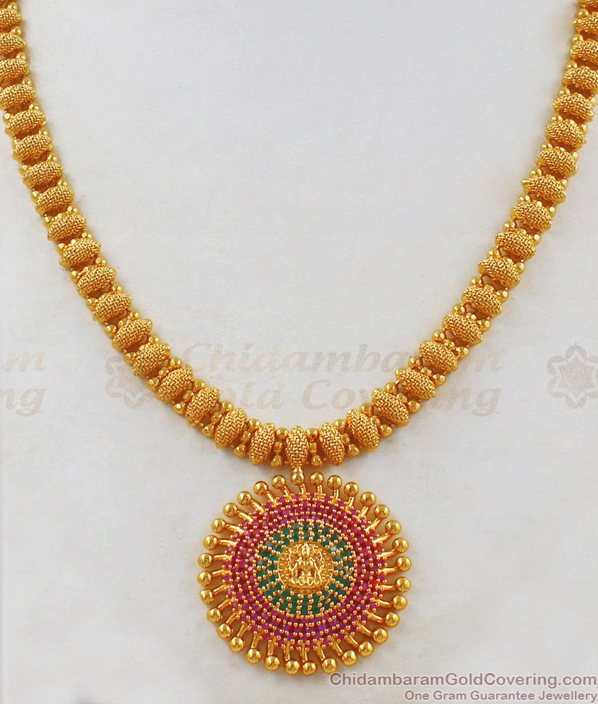 Grand Lakshmi Dollar Gold Necklace Design With CZ Multi Stone One Gram Gold Jewelry NCKN1843