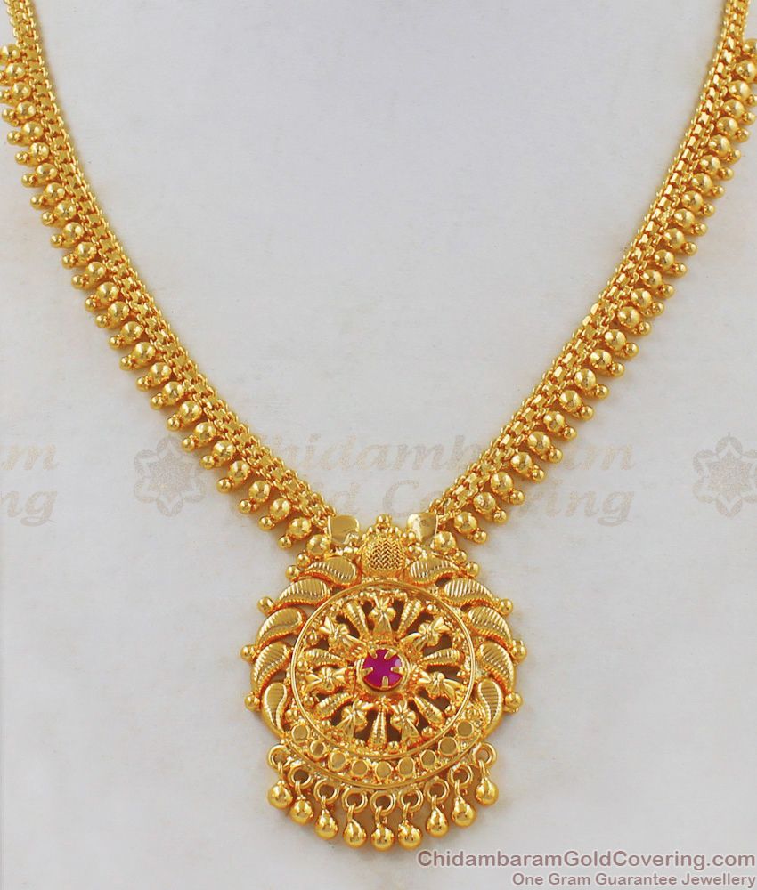 Single Ruby Stone Simple Bridal Gold Necklace For Women Gold Plated Jewelry NCKN1880