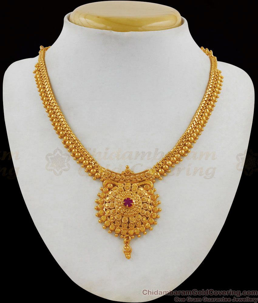 Traditional Gold Necklace With Single Ruby Stone Jewelry NCKN2018