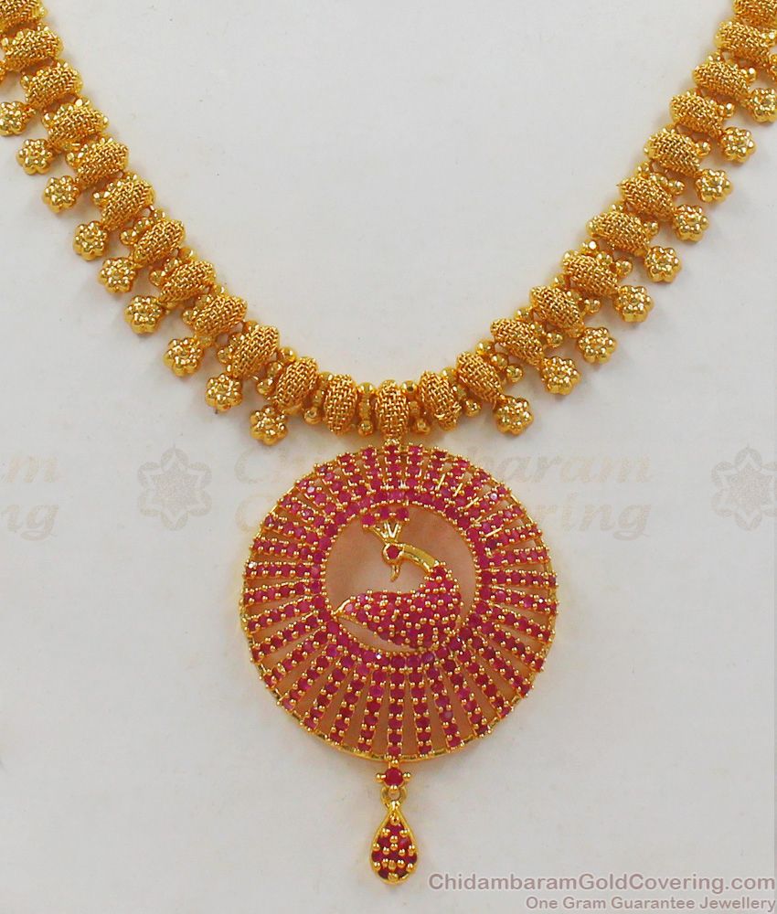 Latest Ruby Stone Premium Gold Necklace With Peacock Design Dollar NCKN2021