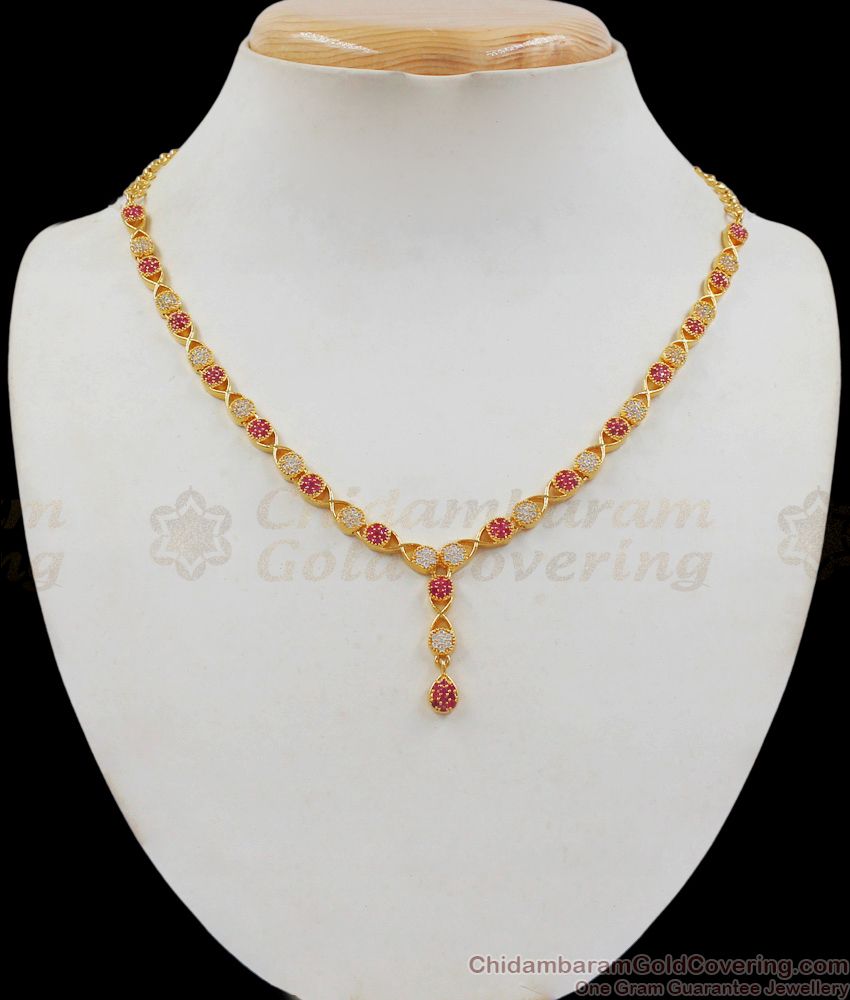 Trendy Ruby White Stone Light Weight Gold Necklace NCKN2024