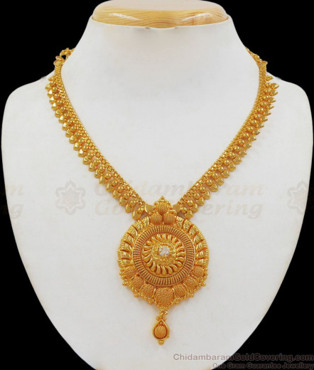 Grand Bridal AD White Stone Heavy Necklace Mango Design Kerala Jewelry ...