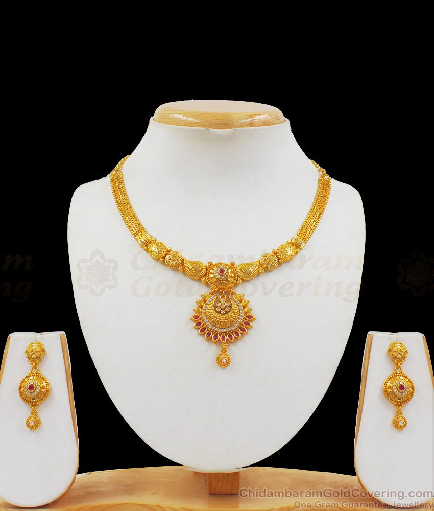 Beautiful Ruby White Stone One Gram Gold Necklace Set NCKN2096