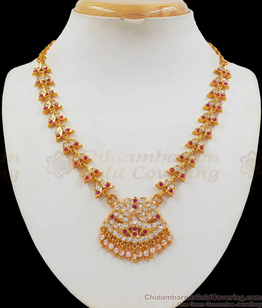 Original Impon Ruby White Stone Gold Necklace For Traditional Wear NCKN2115