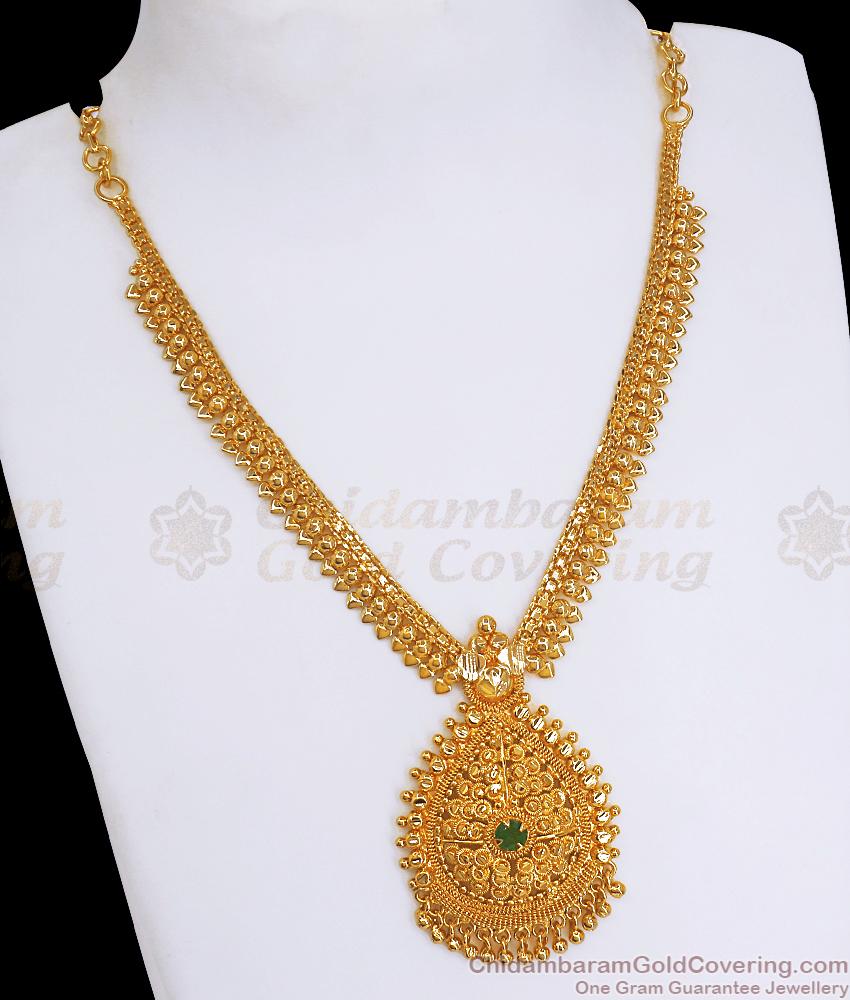 Elegant Gold Plated Necklace Emerald Stone Kerala Beaded Designs NCKN2242