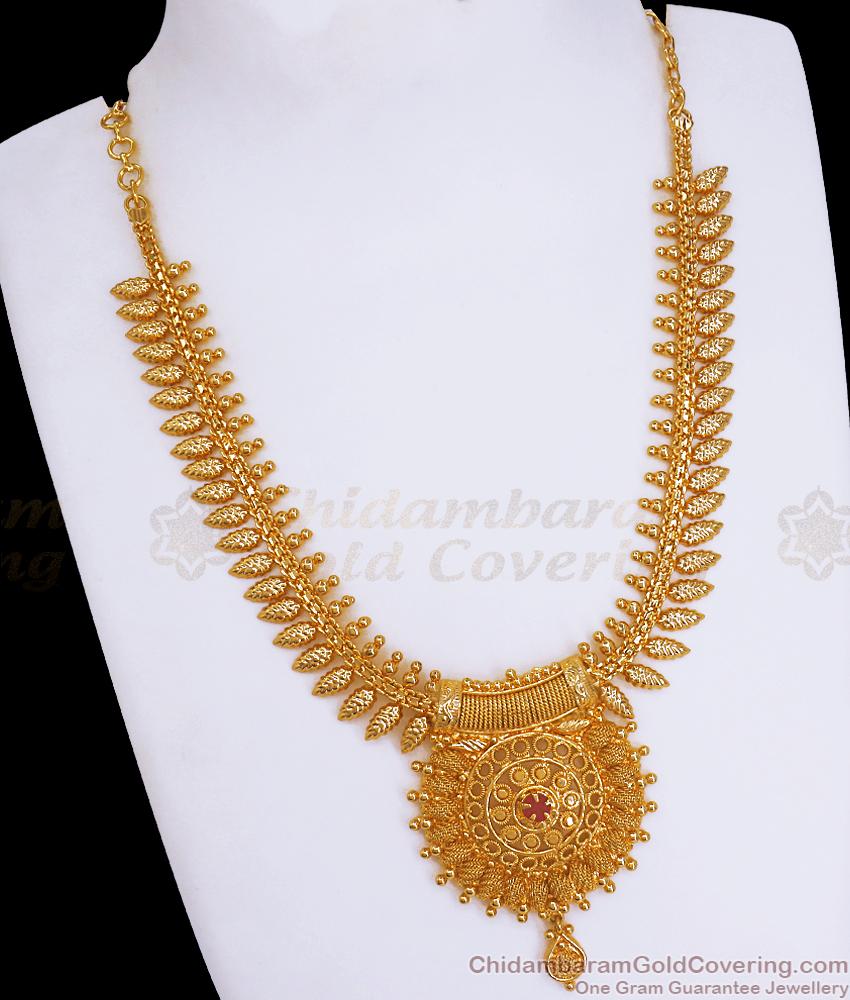 Stylish Leaf Design Gold Imitation Necklace Ruby Stone Collections NCKN2243