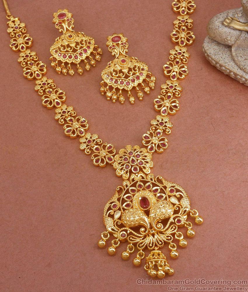 Heavy Gold Tone Necklace Peacock Design Ruby Stone Earring Combo Set NCKN2359