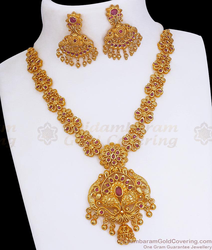 Heavy Gold Tone Necklace Peacock Design Ruby Stone Earring Combo Set NCKN2359