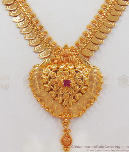 Goddess Lakshmi Kasu Malai Gold Necklace Single Ruby Stone Jewelry NCKN2385