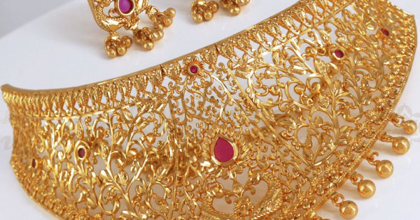 Luxurious Gold Like Broad Choker Necklace Peacock Design Nckn2711 7426