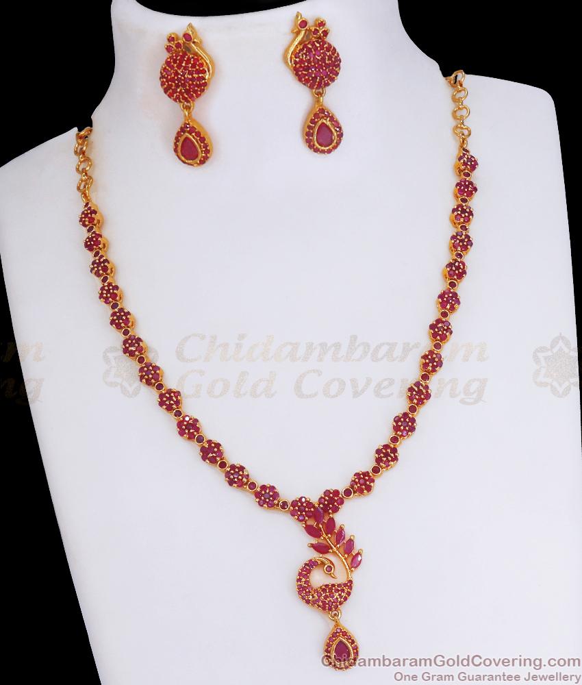 1 Gram Gold Necklace Earrings Peacock Design Ruby Stone Combo NCKN3228