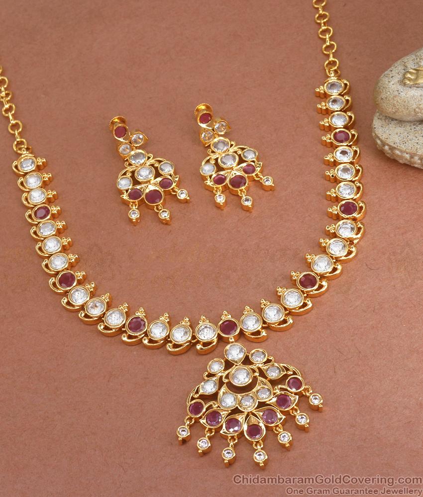 New Impon Ruby White Stone Necklace Earrings Bridal Set NCKN3241