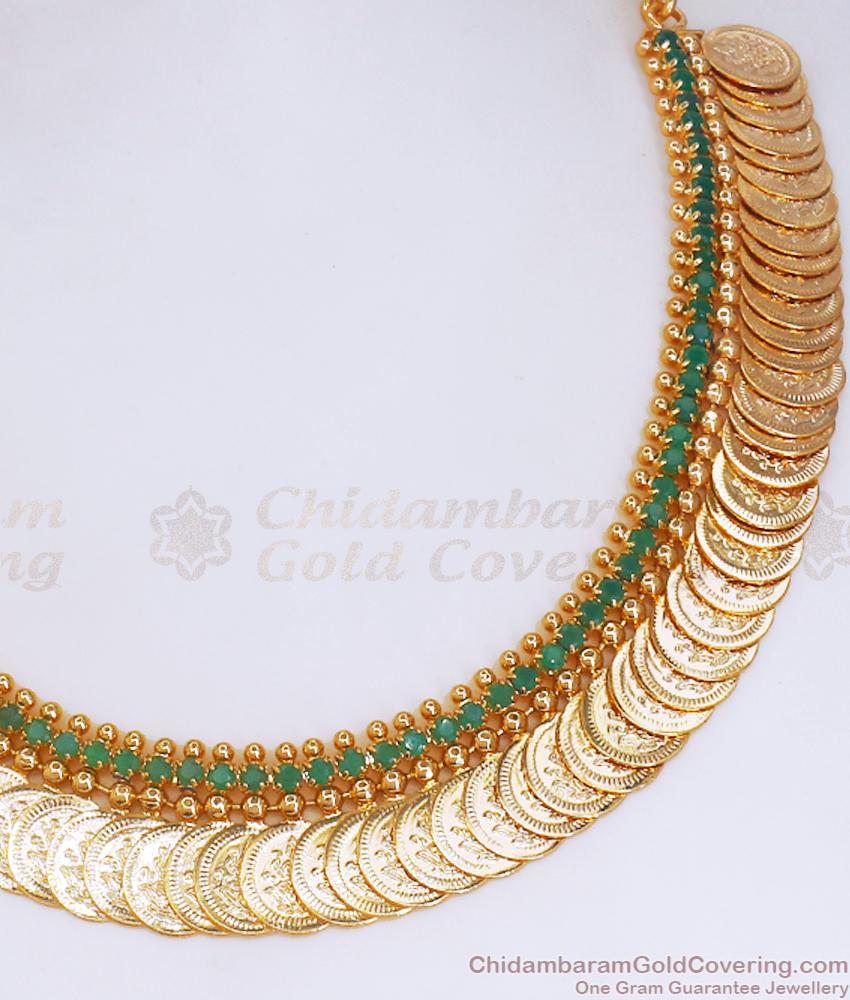 Lakshmi Coin Gold Plated Necklace Studded With Emerald Stone NCKN3250