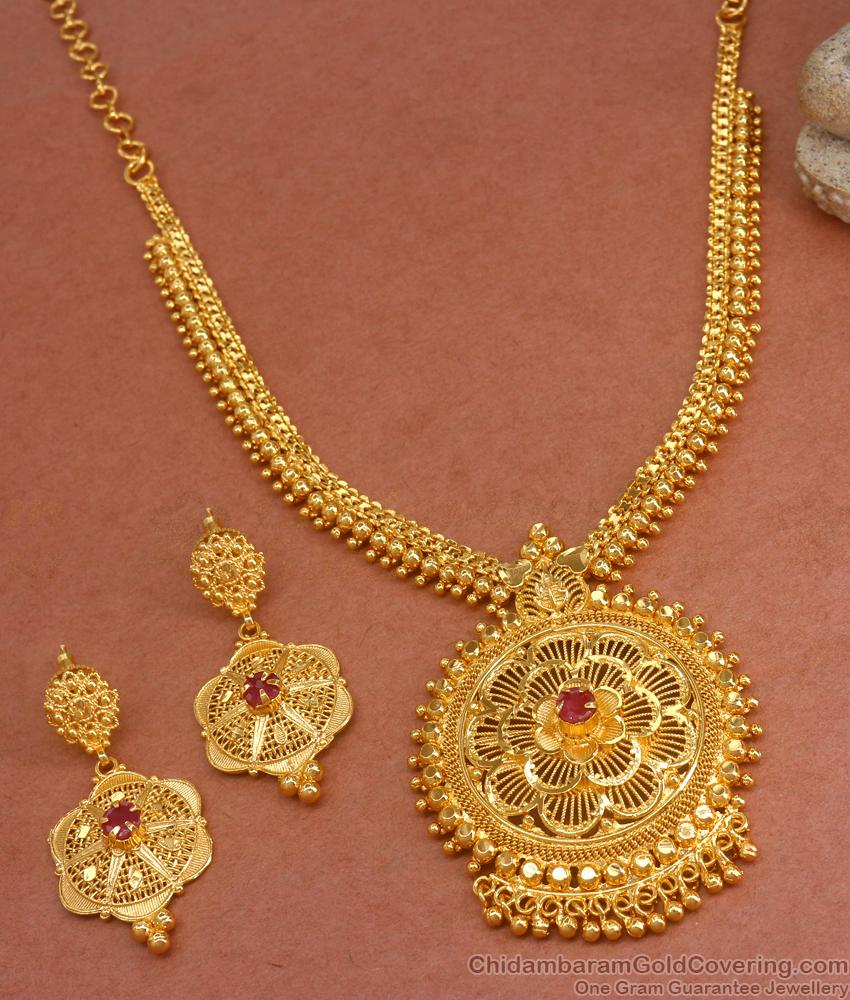 Womens One Gram Gold Necklace Earring Combo Ruby Stone Mullai Design NCKN3271