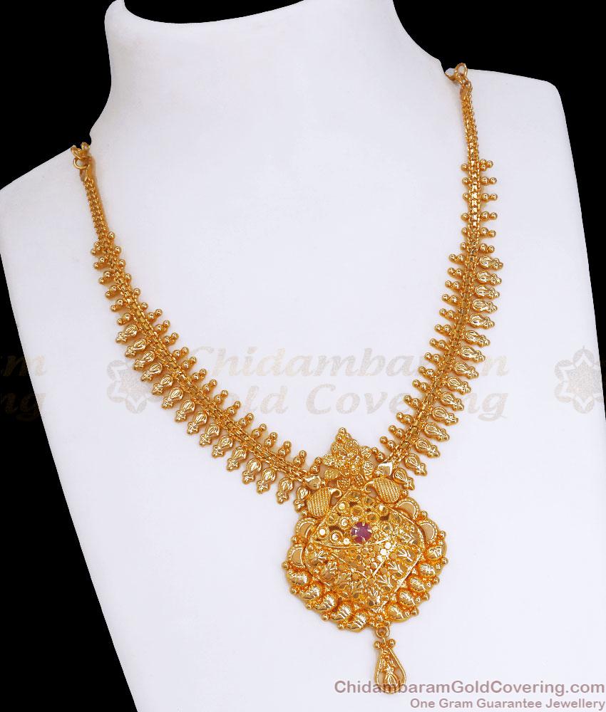 Single Ruby Stone Gold Necklace Mullaipoo Design NCKN3303