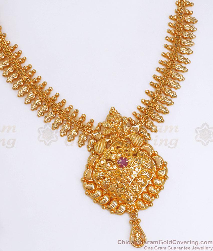 Single Ruby Stone Gold Necklace Mullaipoo Design NCKN3303