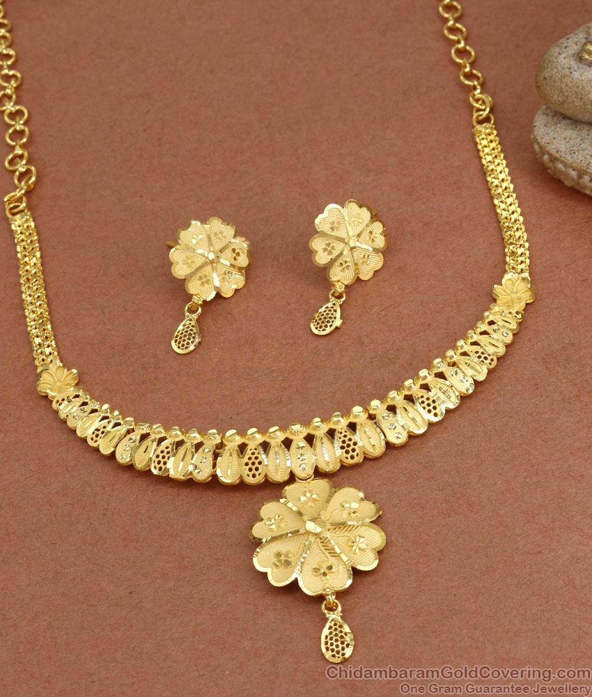 Latest Gold Design Floral Necklace With Pin Type Earring NCKN3328