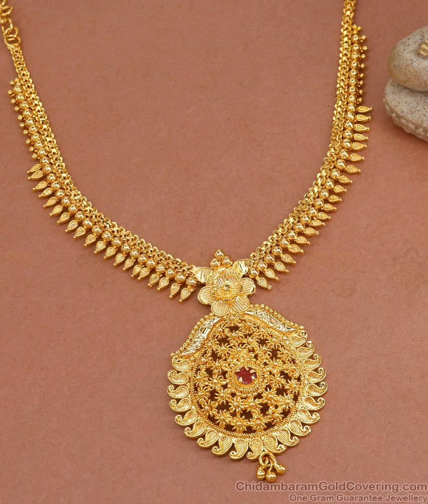 South Indian Wedding Gold Necklace Mango Design With Ruby Stone NCKN3379