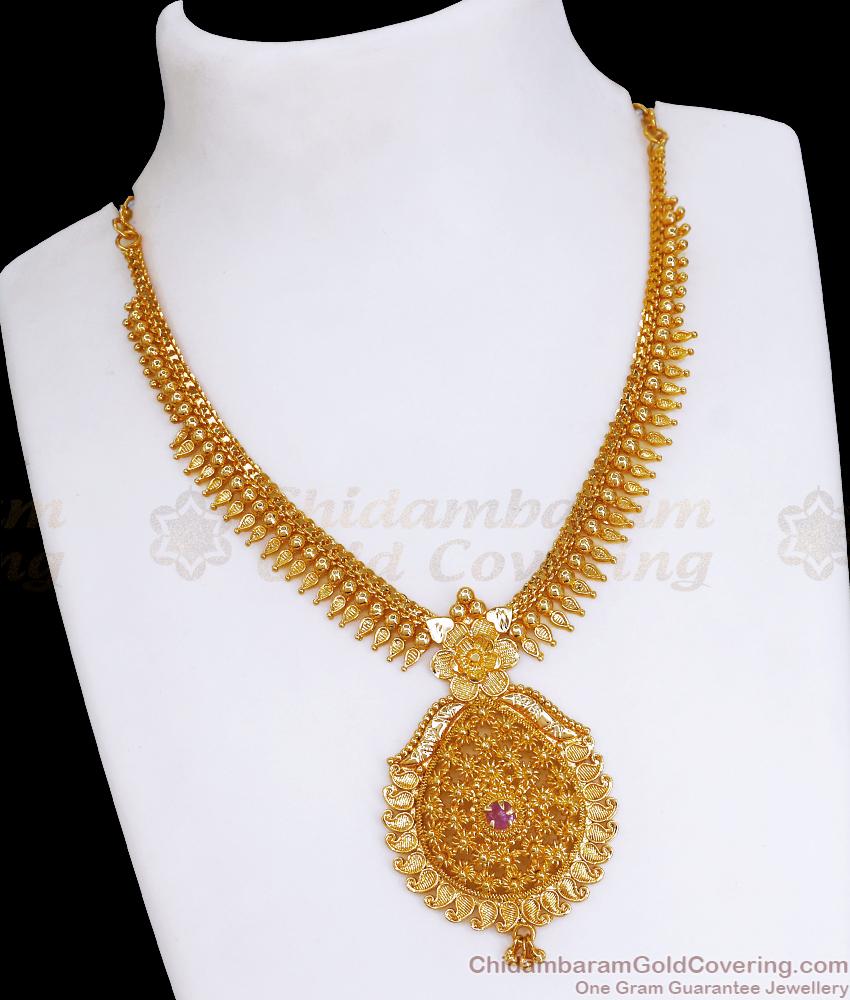 South Indian Wedding Gold Necklace Mango Design With Ruby Stone NCKN3379