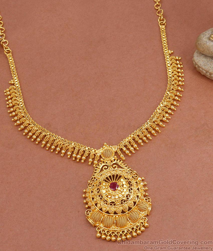 Latest Net Pattern Mullai Mottu Gold Necklace With Ruby Stone NCKN3385