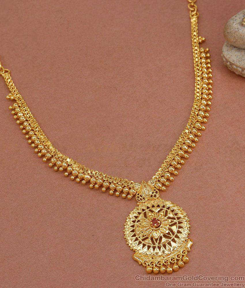 Ruby Stone Gold Imitation Necklace Golden Beads Chain Design NCKN3397