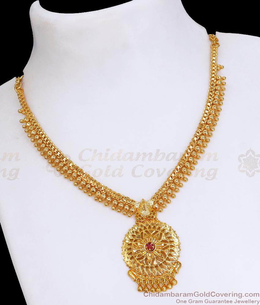 Ruby Stone Gold Imitation Necklace Golden Beads Chain Design NCKN3397