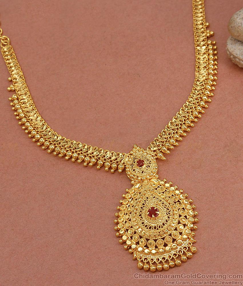 High Quality Heart Chain Kerala Wedding Gold Necklace With Ruby Stone NCKN3398