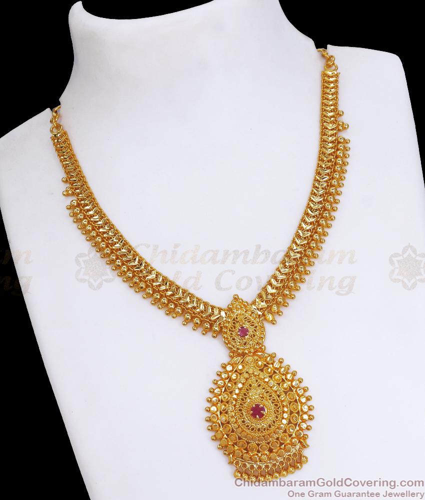 High Quality Heart Chain Kerala Wedding Gold Necklace With Ruby Stone NCKN3398