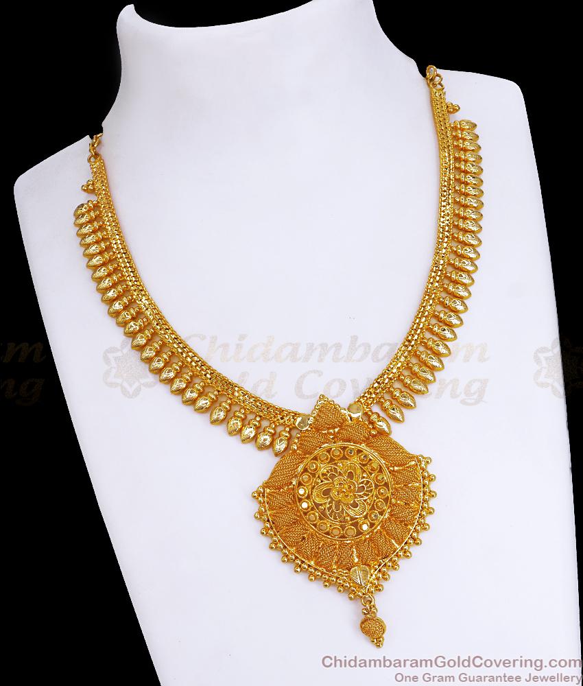 Kerala Traditional One Gram Gold Necklace Net Pattern Pendant NCKN3405