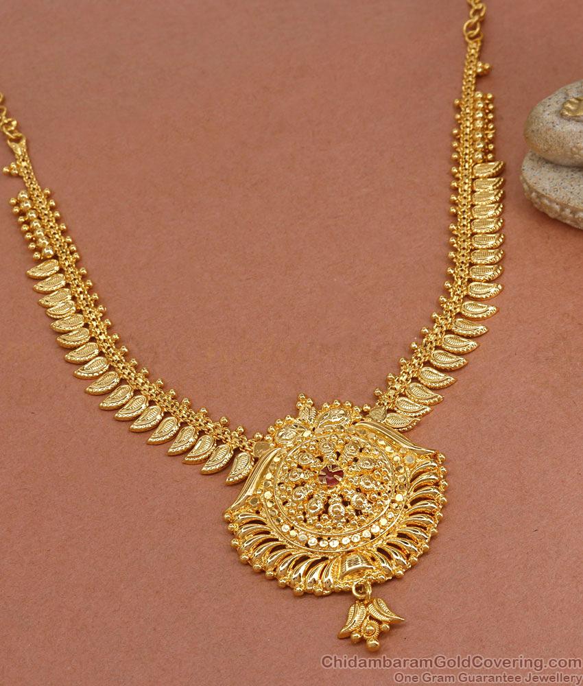 Kerala One Gram Gold Leaf Design Gold Necklace With Ruby Stone NCKN3409