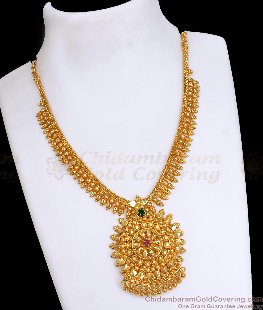 New Model Gold Tone Bridal Necklace Ruby Green Stone Mullaipoo Design NCKN3411