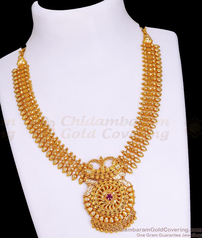 South Indian Gold Imitation Necklace Single Ruby Stone Design NCKN3425