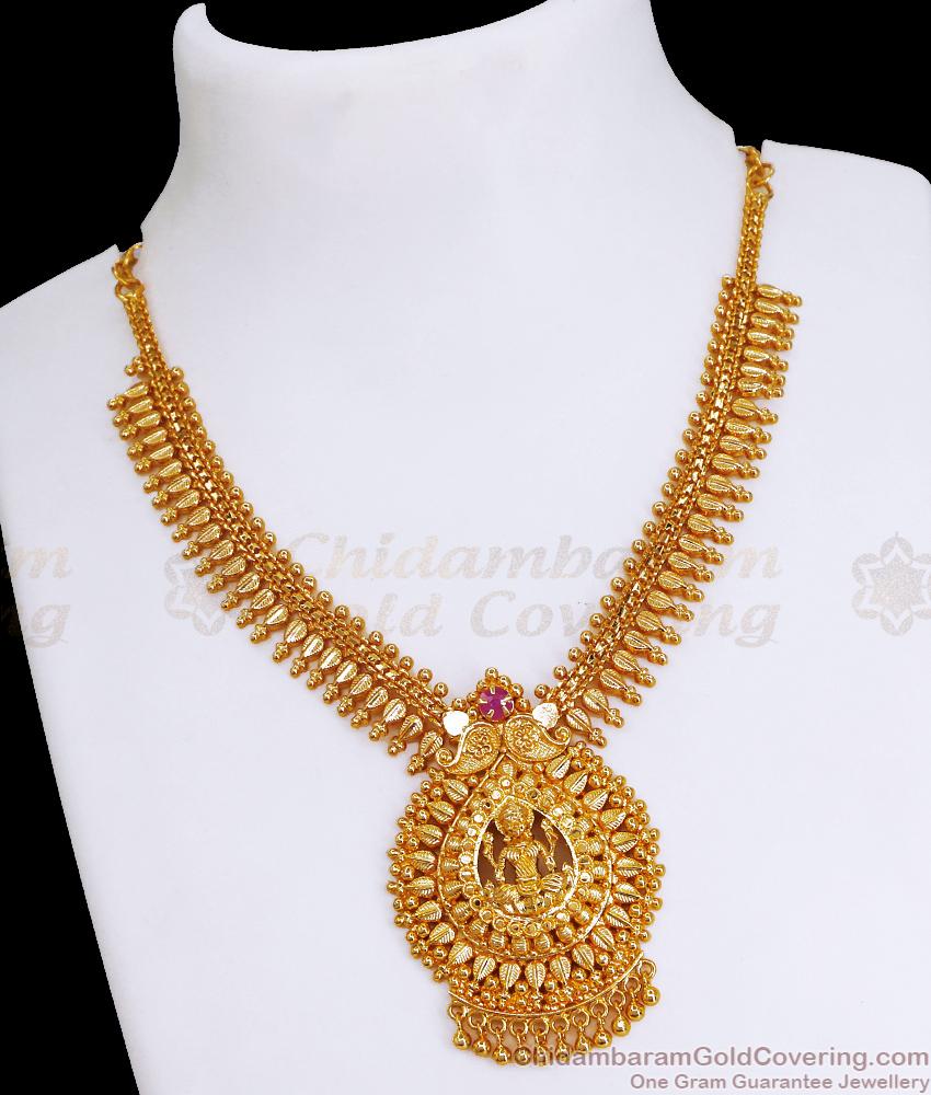 Elegant Single Ruby Stone Lakshmi Pendant Gold Necklace For Women NCKN3443