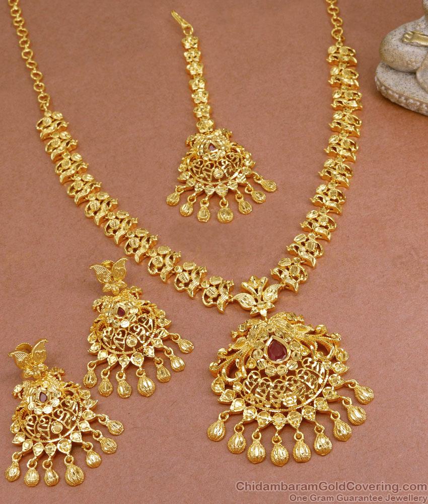 Grand Peacock Design Full Gold Necklace Maang Tikka with Earring Set NCKN3458