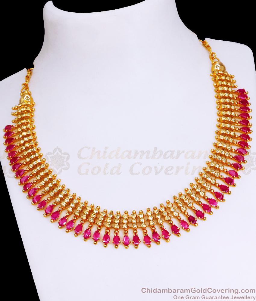 Real Gold Look Mullai Arumbu Ruby Stone Neckace Gold Imitation Jewellery NCKN3470