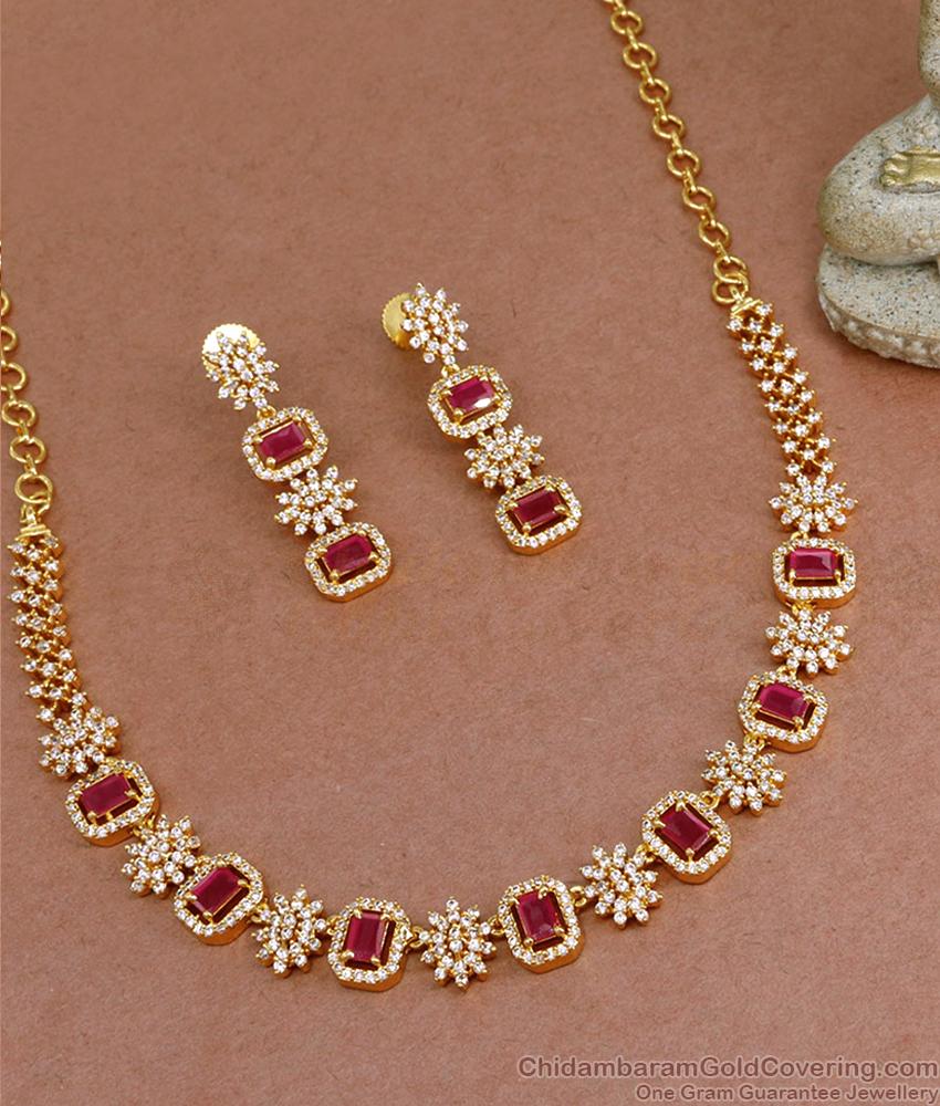 Grand Look Ruby White Stone Diamond Necklace Set For Women Marriage NCKN3472