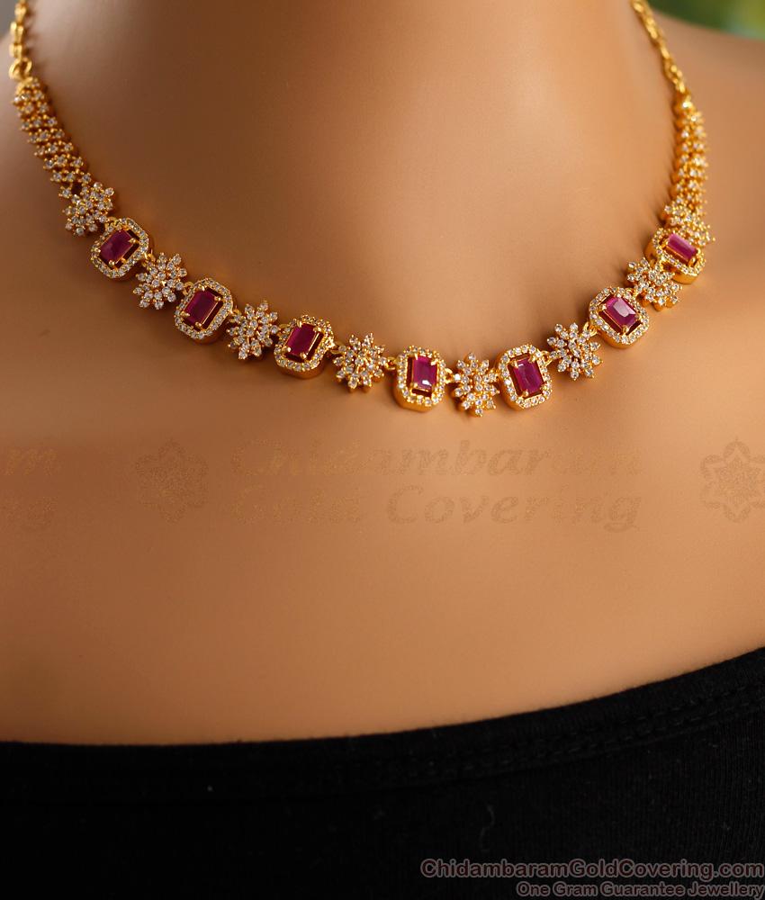 Grand Look Ruby White Stone Diamond Necklace Set For Women Marriage NCKN3472