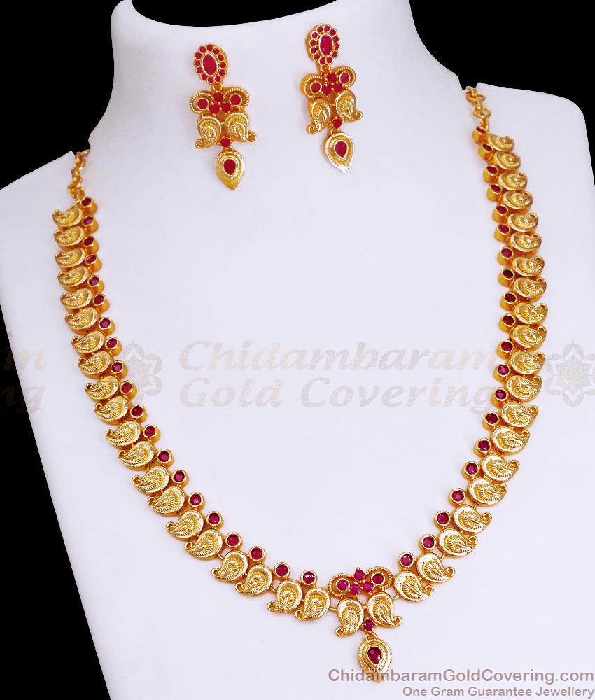 Stylish Mango Design Gold Plated Necklace Set With Ruby Stone NCKN3475