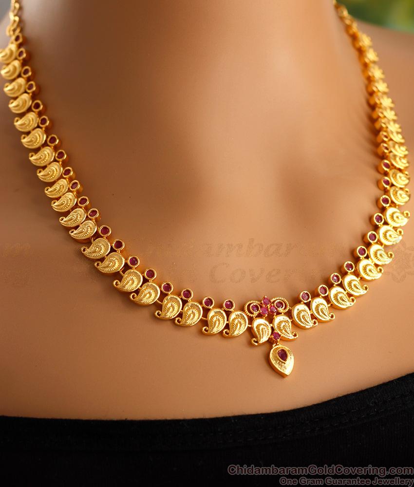 Stylish Mango Design Gold Plated Necklace Set With Ruby Stone NCKN3475