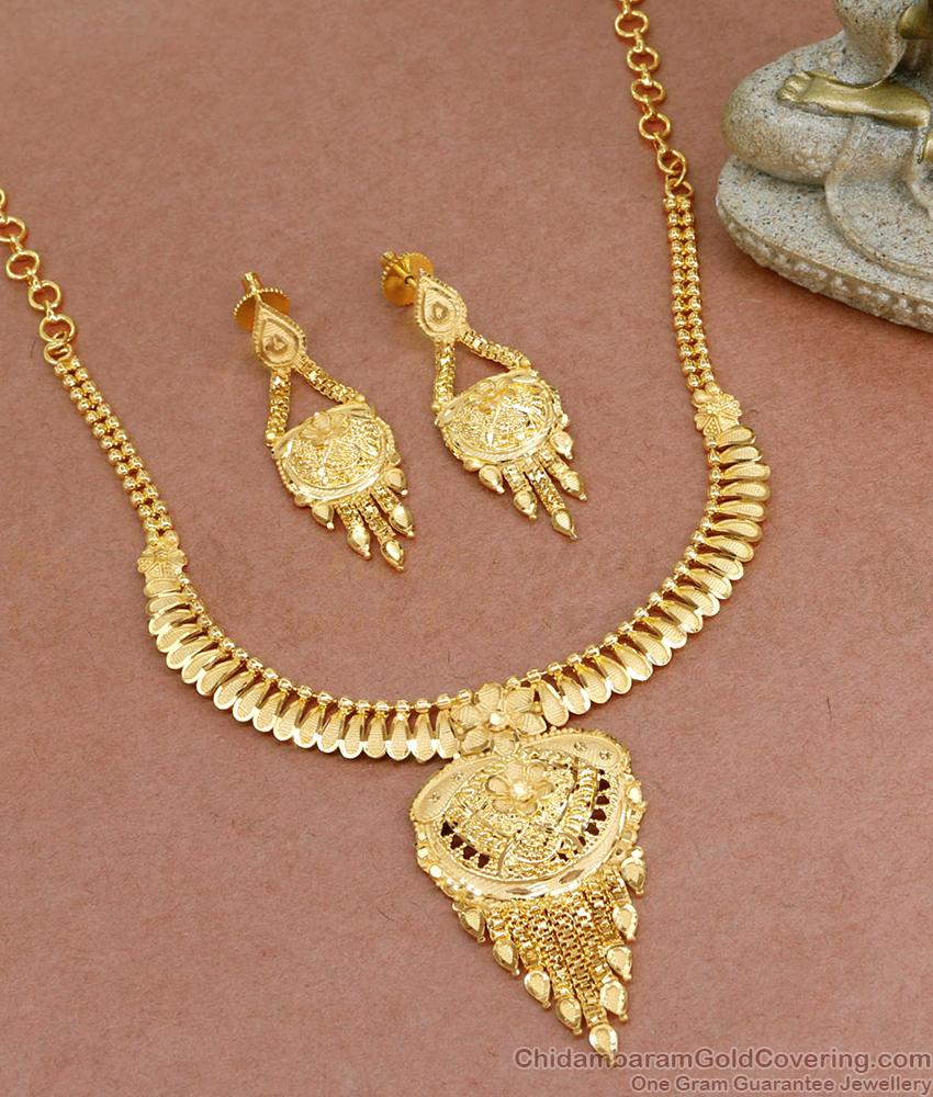 Stylish Two Gram Gold Necklace Set Wedding Collection For Bride NCKN3484