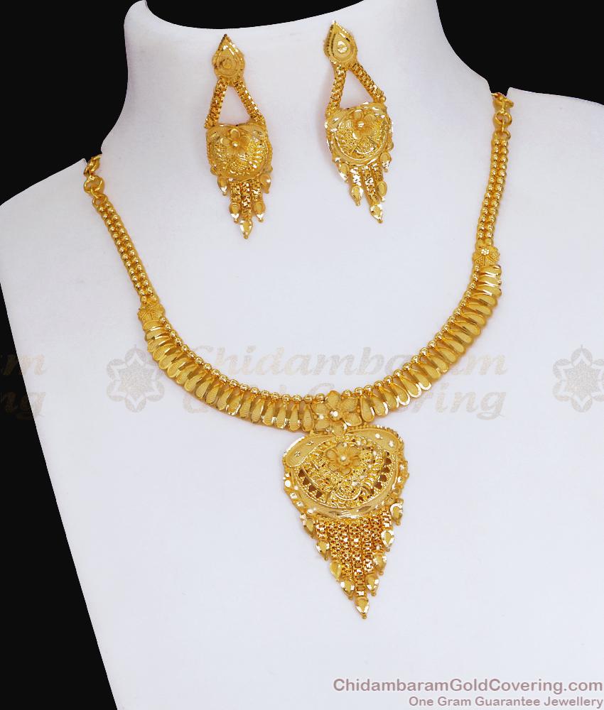 Stylish Two Gram Gold Necklace Set Wedding Collection For Bride NCKN3484