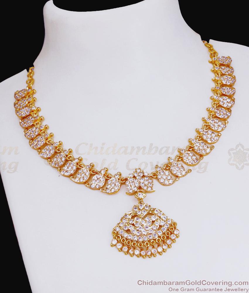 Premium Ful White Stone Mango Impon Attigai Bridal Gold Necklace NCKN3501