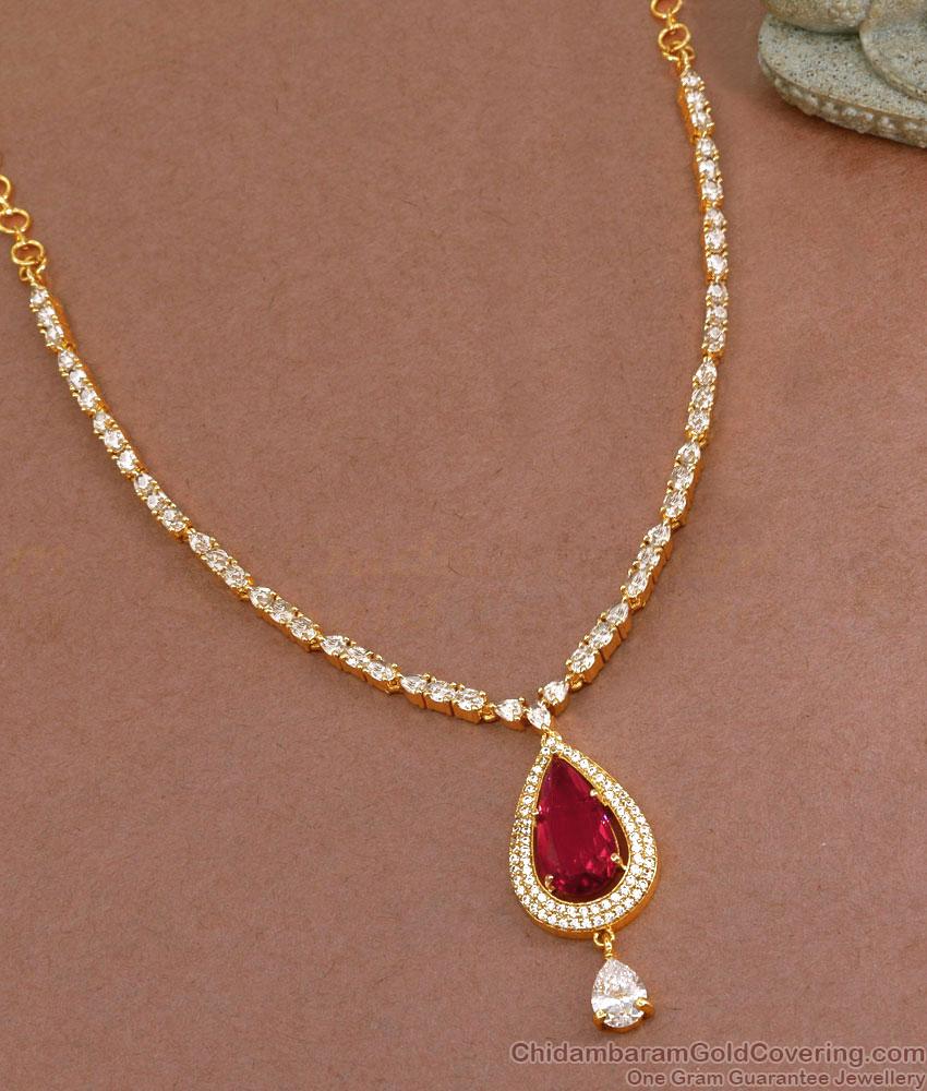 Beautiful American Diamond Necklace With Big Ruby Pendant NCKN3504