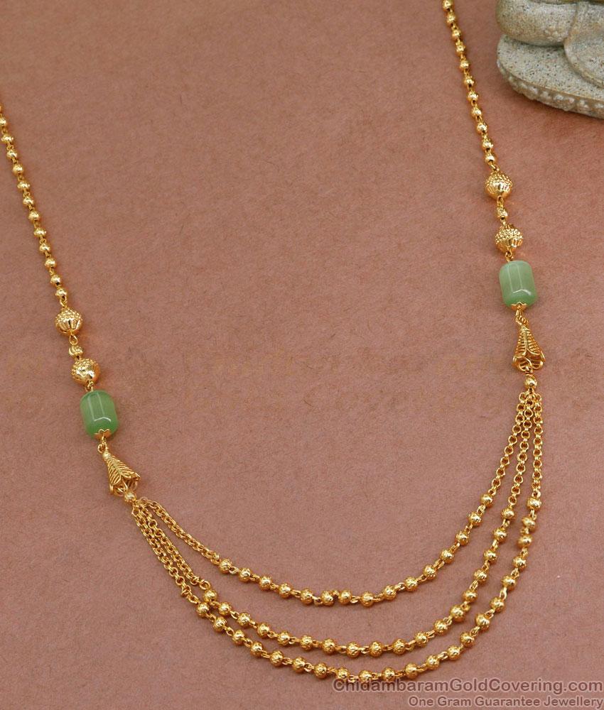 Big Green Stone Gold Imitation Necklace 3 Layer Beads Chain Pattern NCKN3507