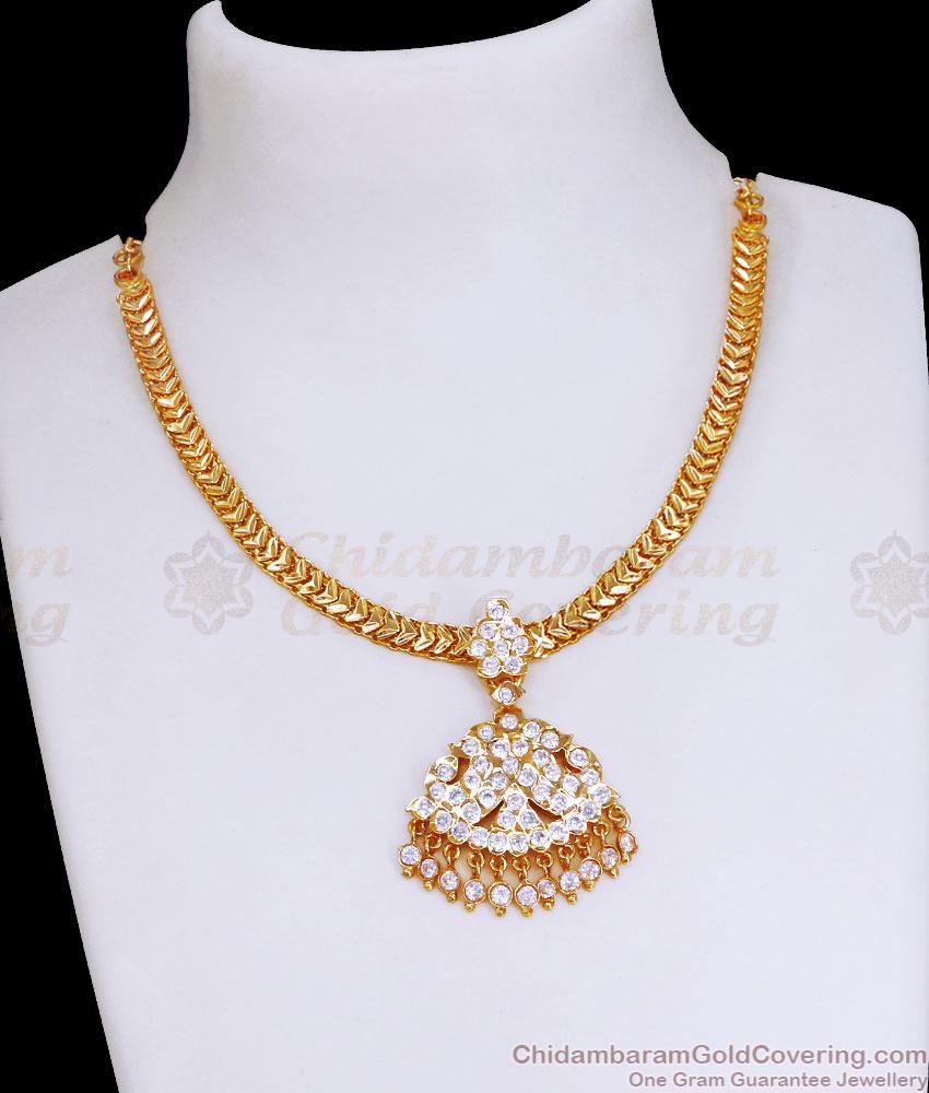 New Gold Look Impon Attigai Peacock Design Necklace With Stones NCKN3574