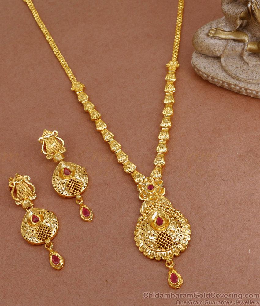 Bridal Ruby Stone Necklace Forming Gold Jewellery Set NCKN3629