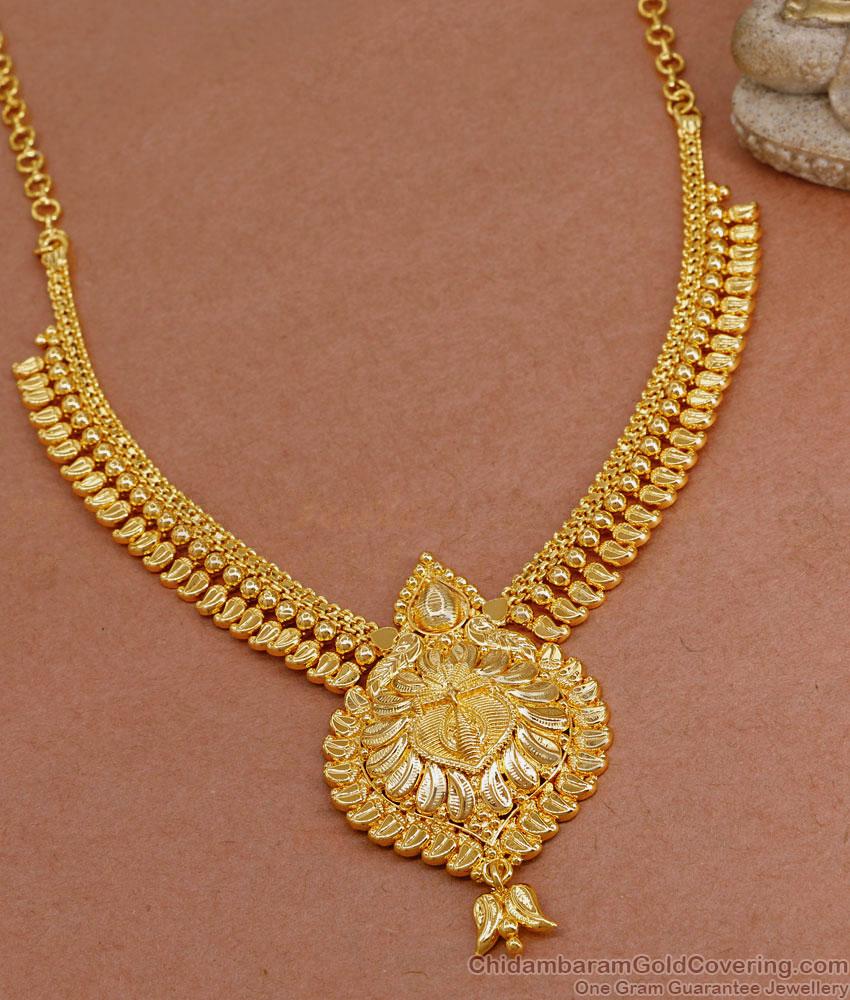 Plain 1 Gram Gold Mango Necklace With Peacock Pendant For Brides NCKN3640