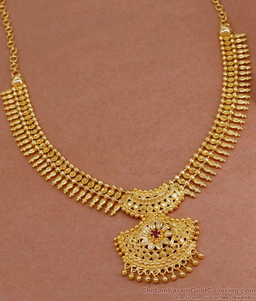 Kerala Pattern Ruby Stone Gold Imitation Mullai Necklace NCKN3641