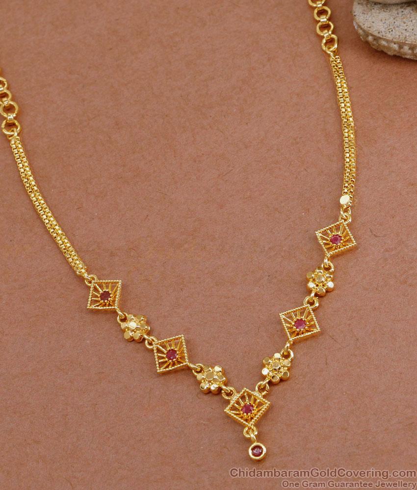 Simple Design Gold Plated Necklace With Ruby Stone Charms NCKN3646