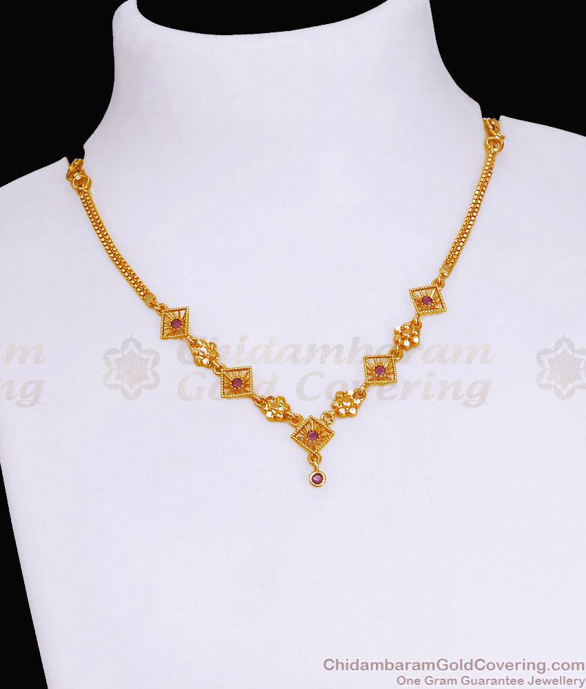 Simple Design Gold Plated Necklace With Ruby Stone Charms NCKN3646